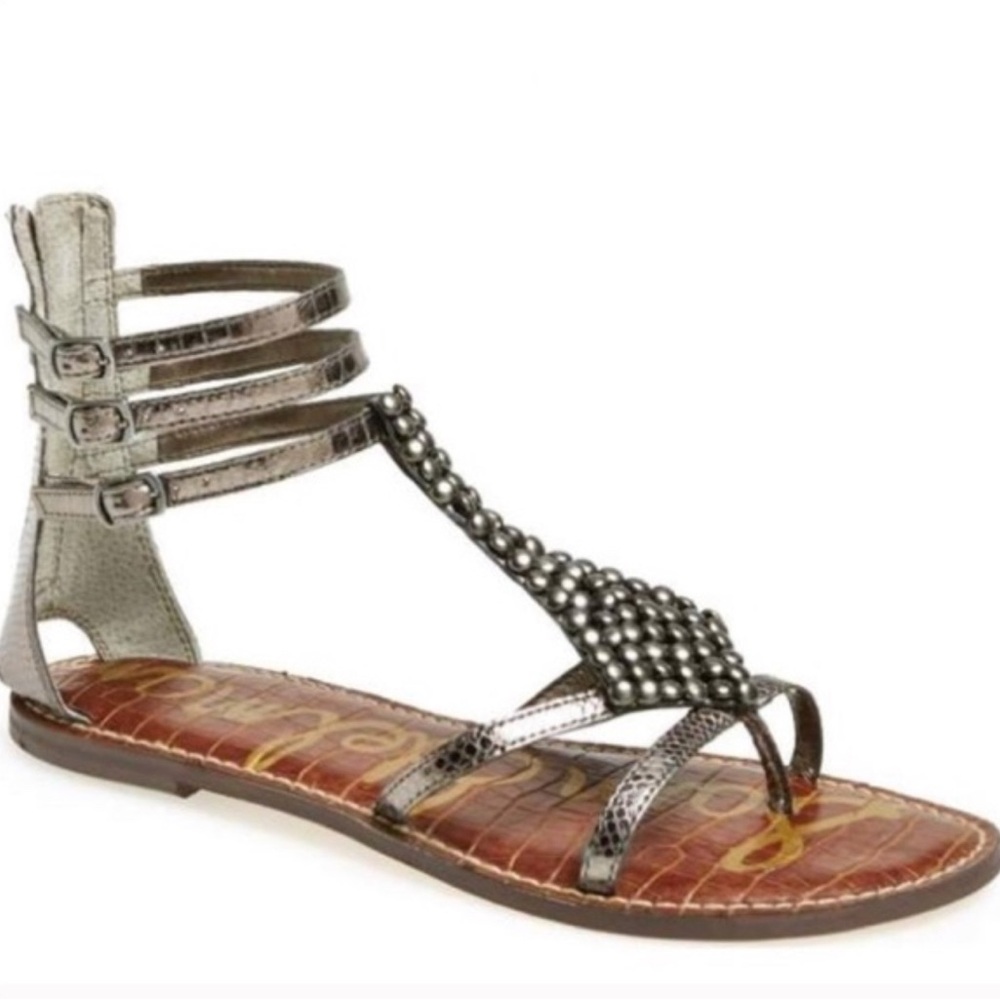 Sam Edelman Silver Metallic Croc Strap Studded Gladiator Zip Back Sandals